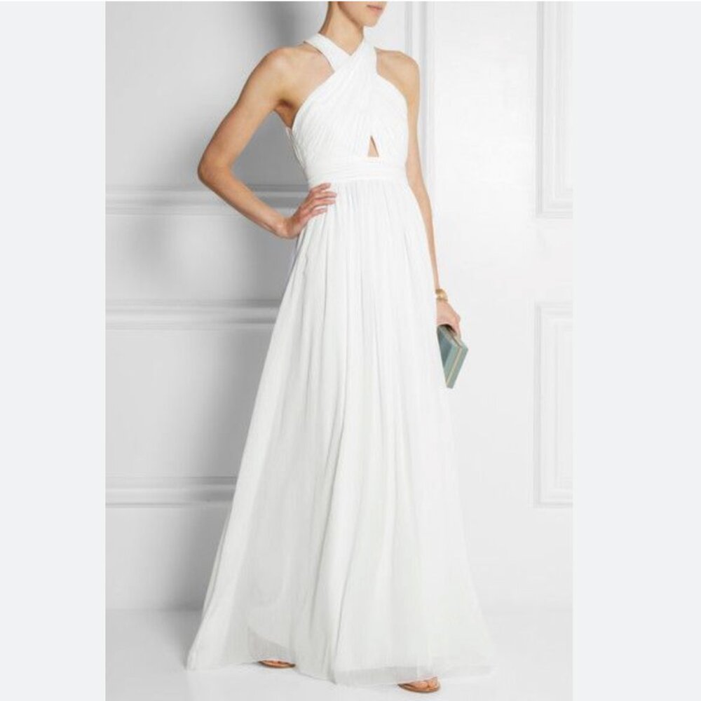 ALICE & OLIVIA White Jaelyn Cross Neck Chiffon Maxi Goddess Wedding Dress 8